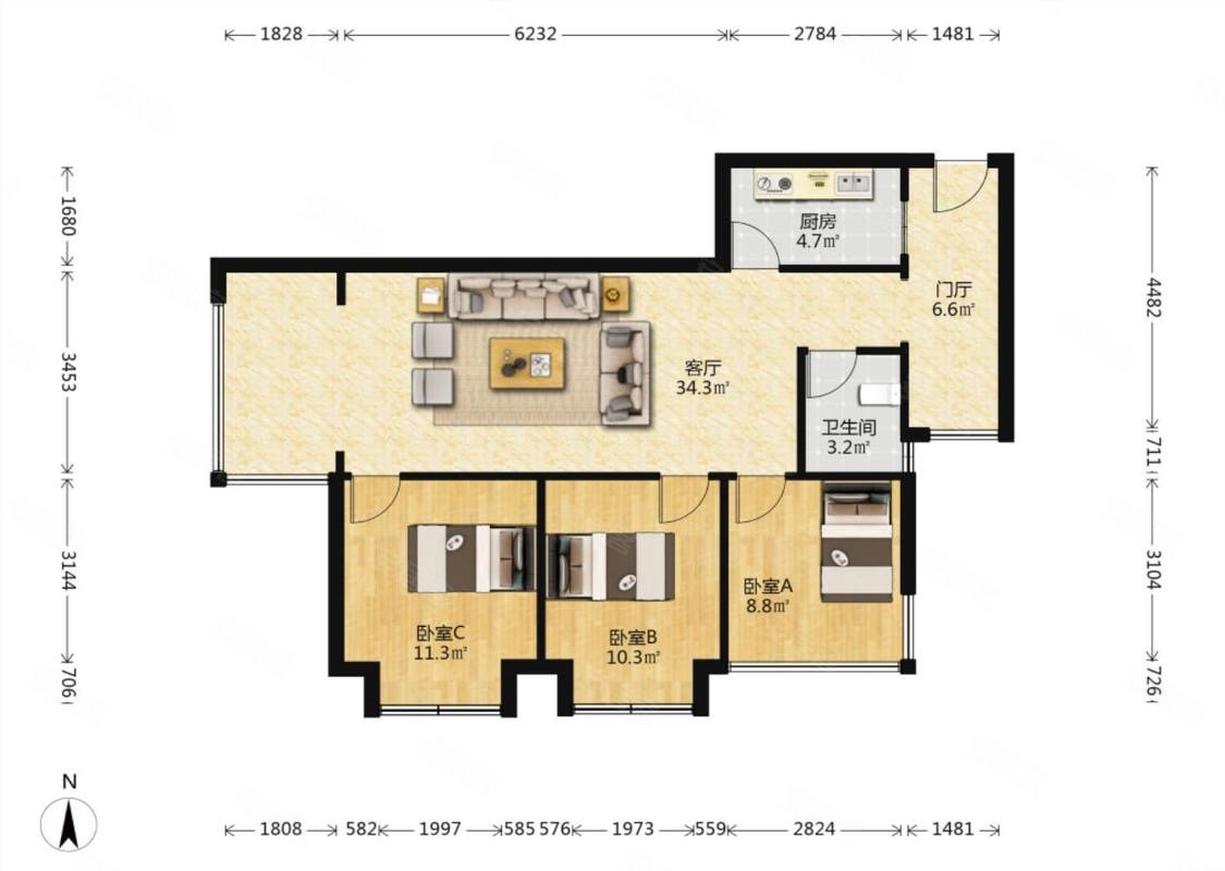 五彩城西区3室2厅1卫89.06㎡西南98万