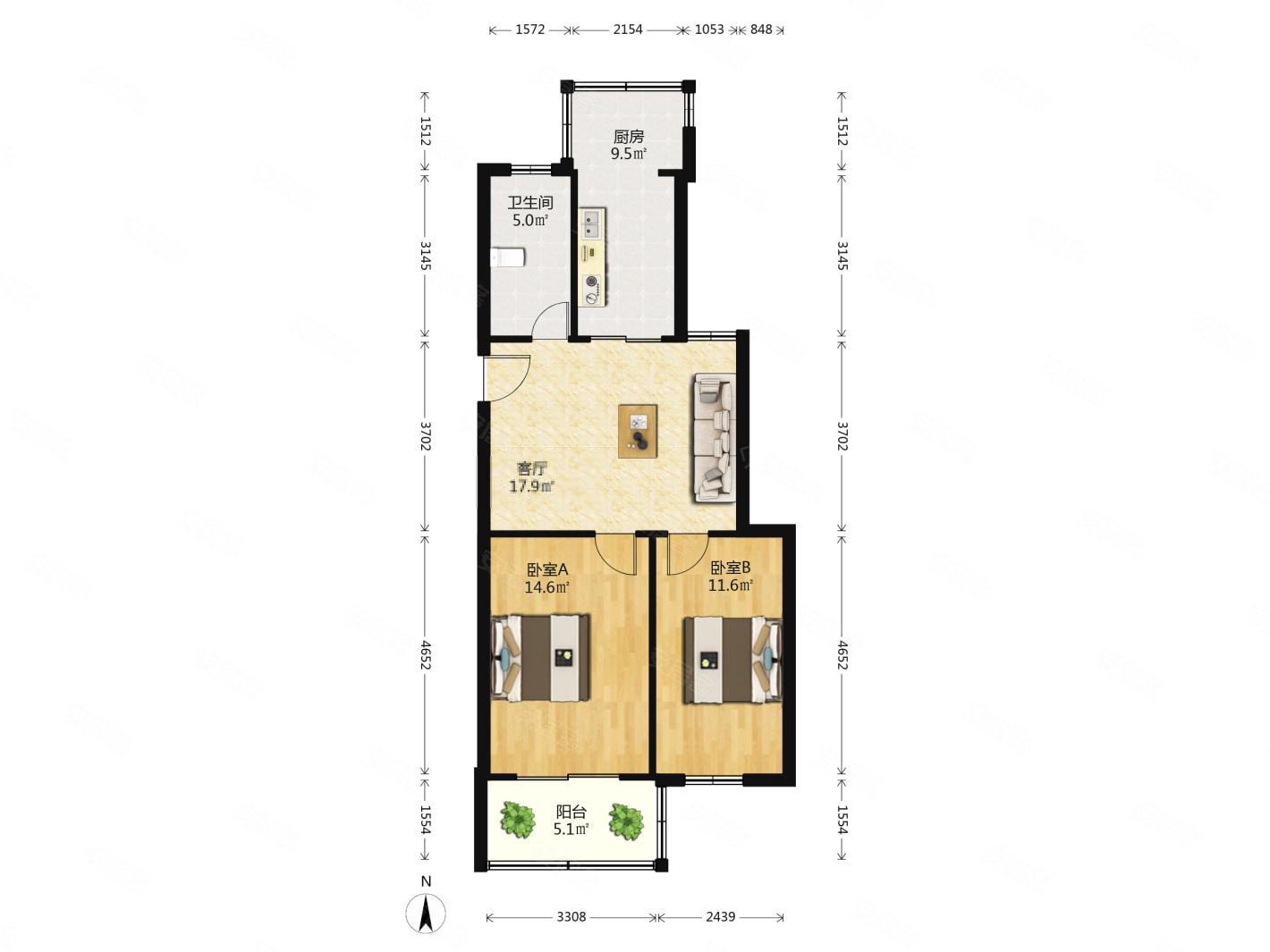 两房朝南 南北通透,全明户型 采光好,得房率高