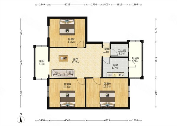 东珠市街16号院3室1厅1卫102.4㎡南北113万