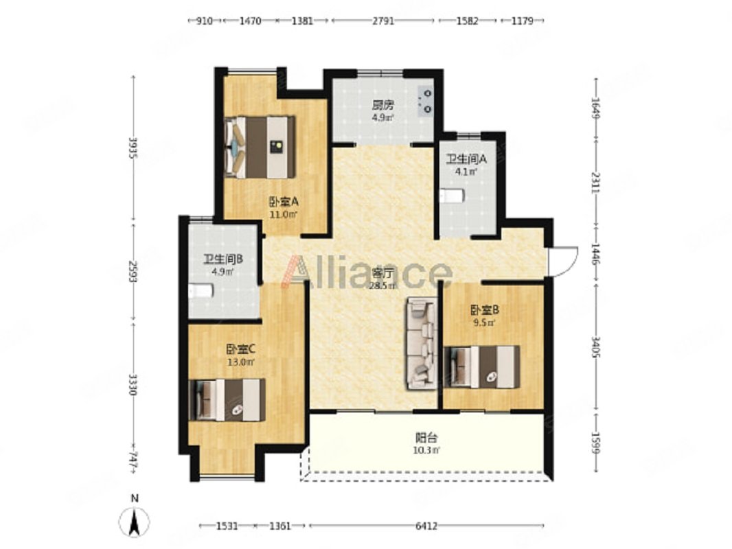大华锦绣前城3室2厅2卫108.04㎡南北175万