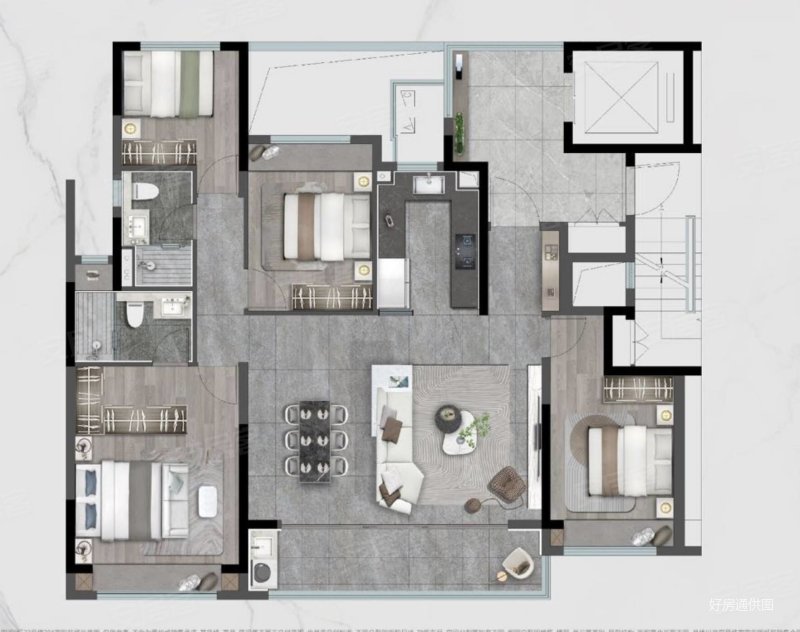 一梯一户横厅四房两卫,6米8双阳台,精装三大件