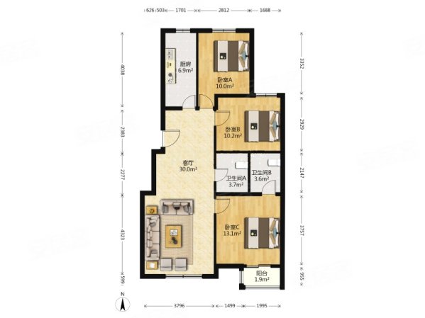 育新花园西里3室2厅1卫109.51㎡南北188万