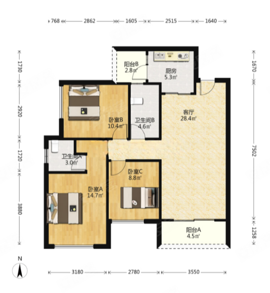 府河星城名苑3室2厅2卫112㎡南北74万