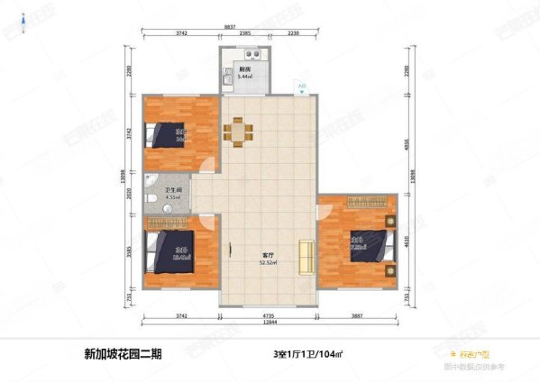 新加坡花园3室1厅1卫104㎡南北97万