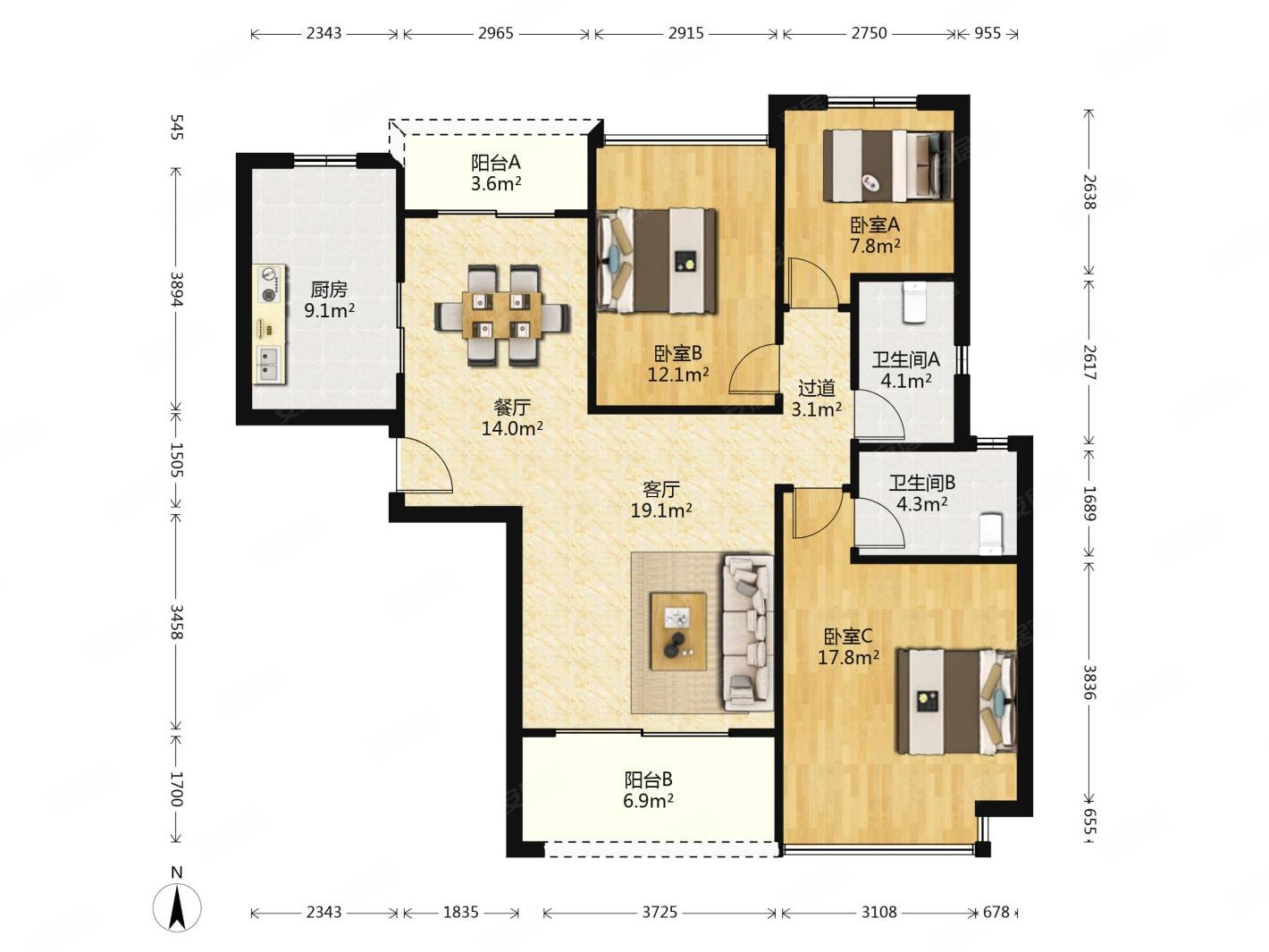 恒大金碧天下3室2厅2卫134.87㎡南北103万