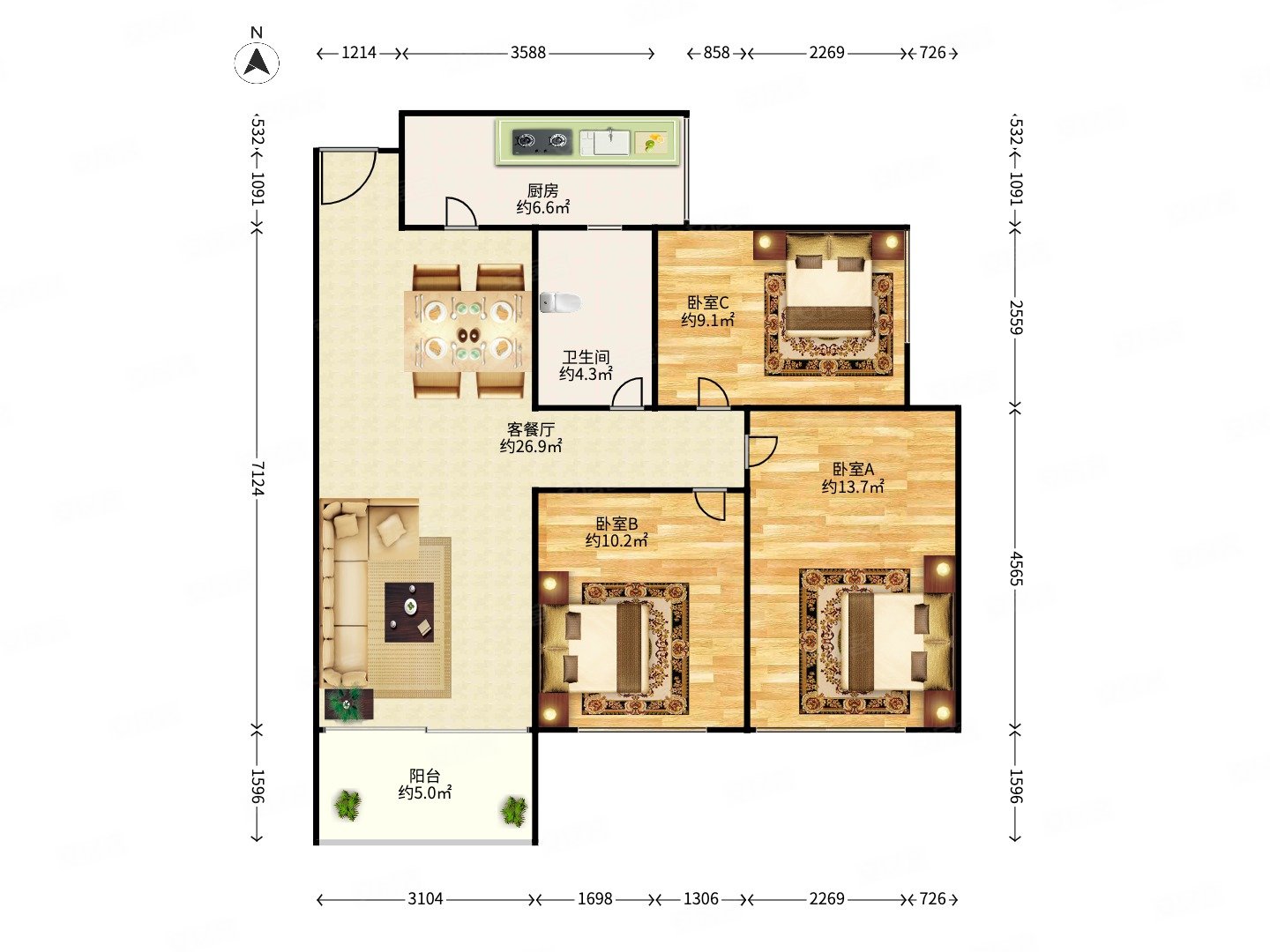 莲馨家园3室2厅1卫89.72㎡南北565万