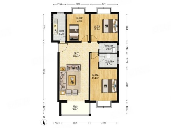 (客户 零 傭 琻)京汉旭城 3室1厅 106.95平