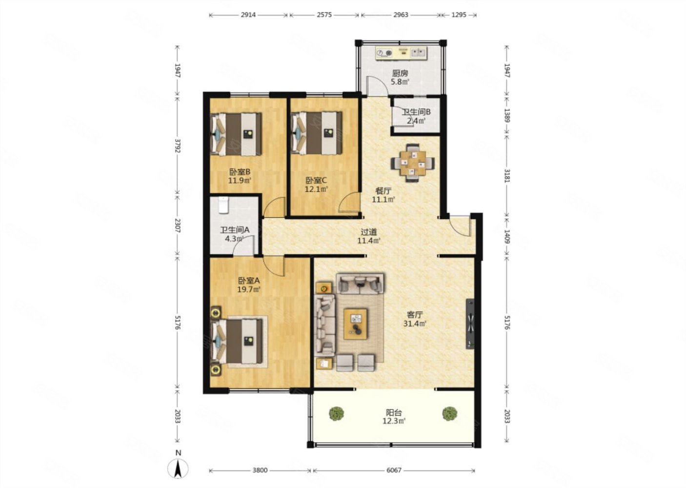 带楼顶花园府南河旁标准套三双卫采光好户型方正彩虹花园