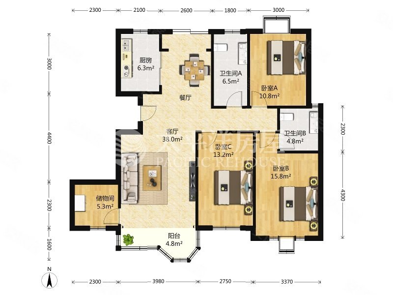 珠江新城3室2厅2卫136.88㎡南498万