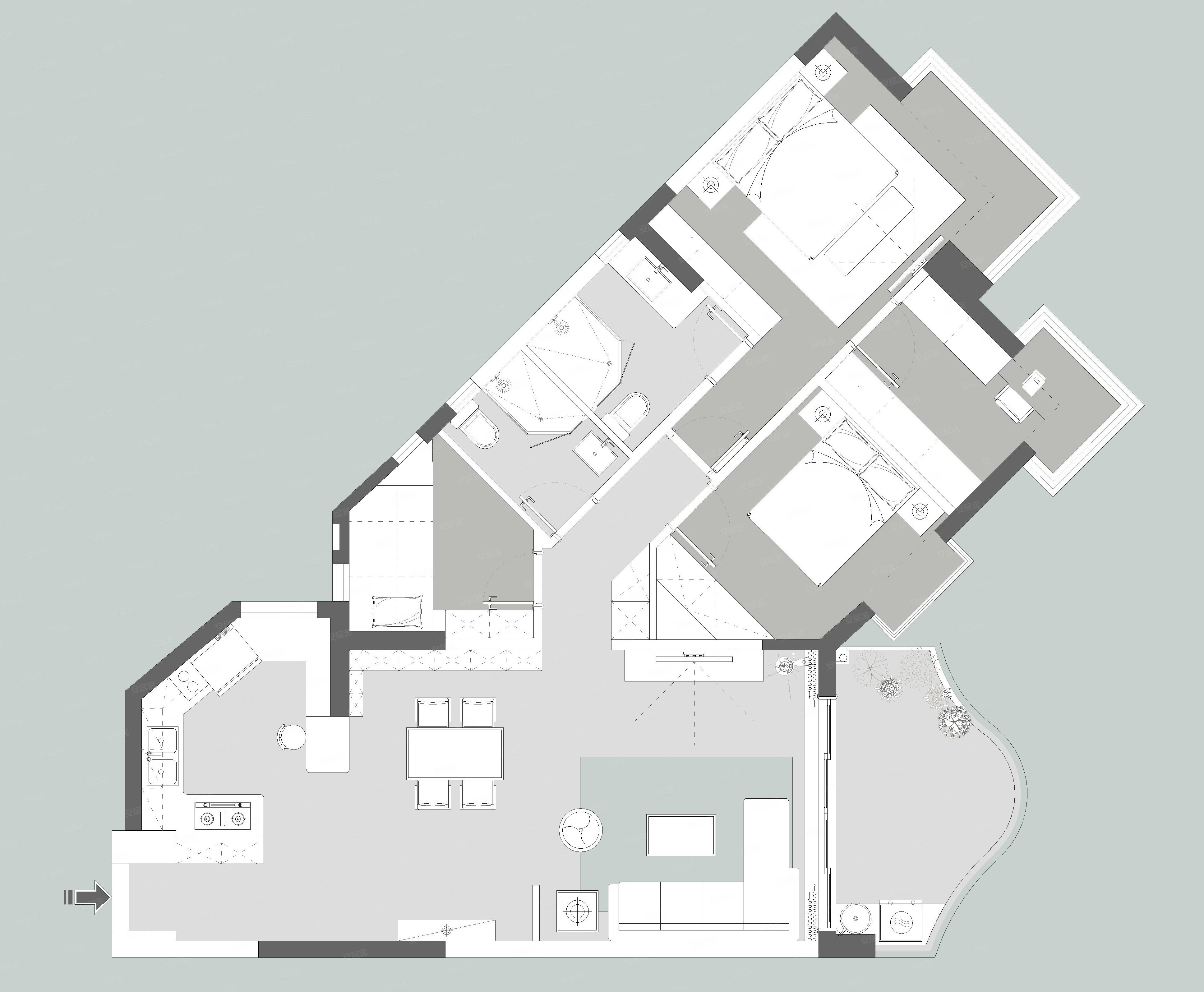 整体户型不是很规则,设计师将卧室做成了套间,兼具休息,衣帽间功能.