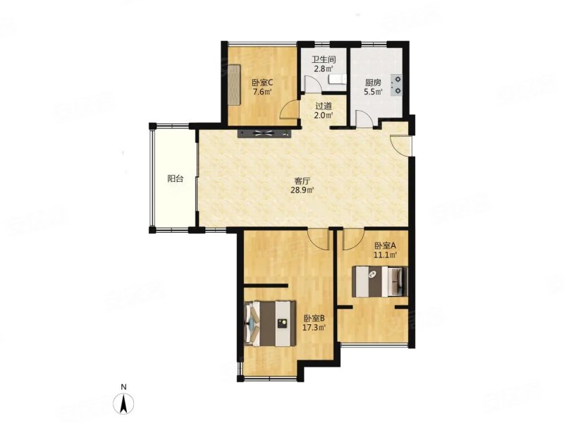 南山维拉3室2厅1卫96㎡南北118万