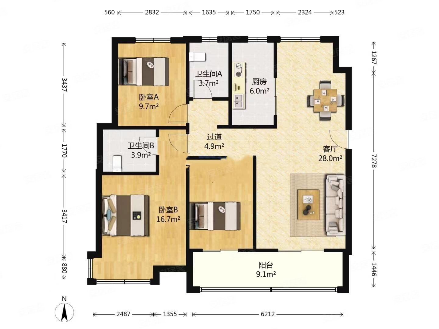 保利海上罗兰3室2厅2卫124㎡南北145万