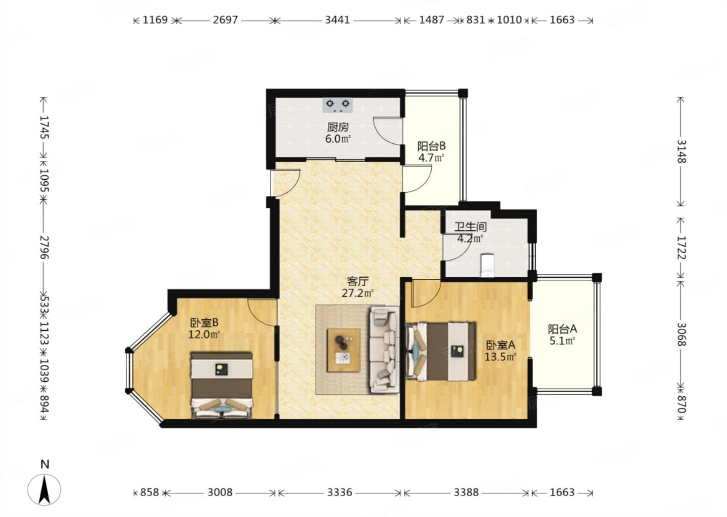 佳怡公寓2室2厅1卫92.99㎡东西448万