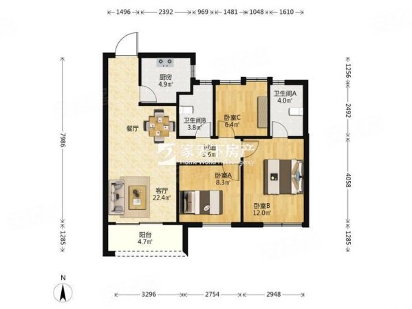 龙湖兰园天璞3室2厅2卫85.51㎡南北235万