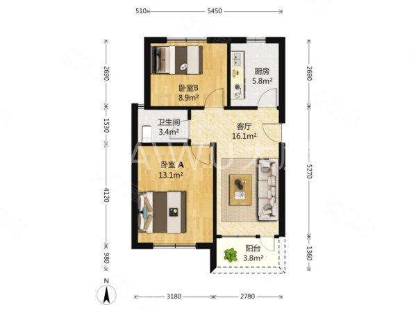 沪江新苑2室2厅1卫68.26㎡南北310万