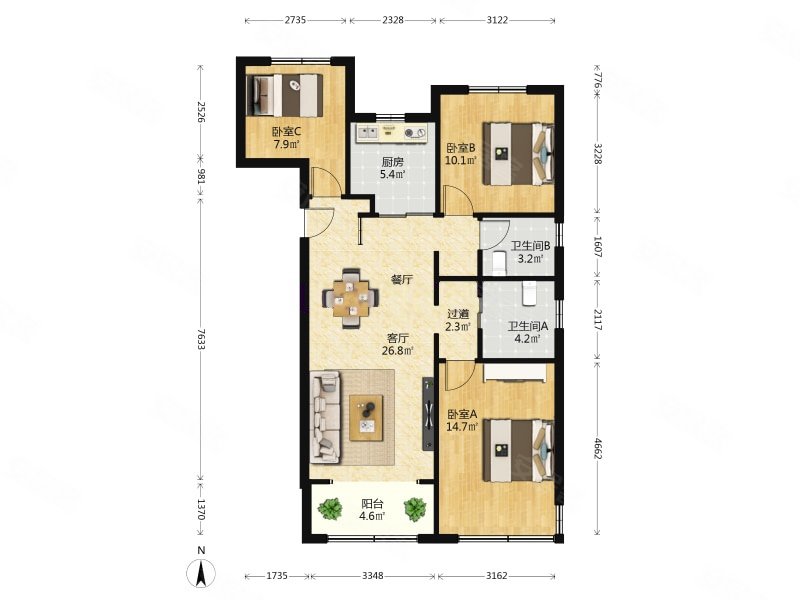 龙湖水晶郦城 精装3室1厅2卫116.52平方米
