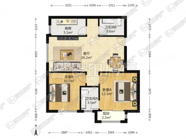 公园悦府(一区)2室1厅2卫92.18㎡西南549万