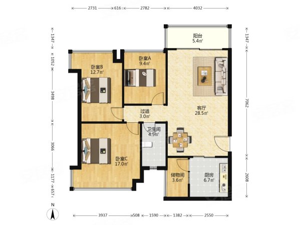 恒大名都3室2厅1卫116.68㎡南北125万