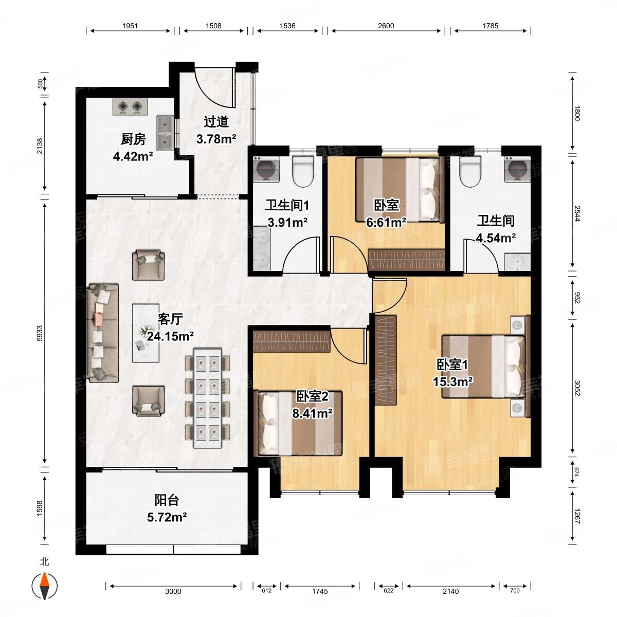 中海寰宇天下沿江头排精装三房两卫满两年首丶付40万