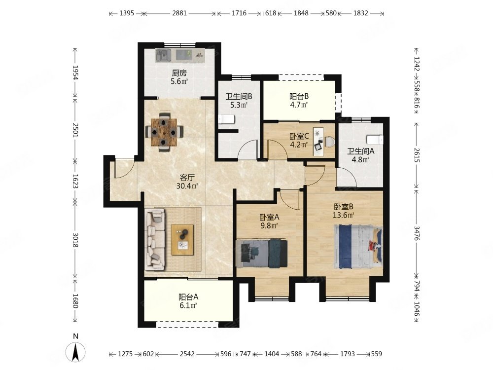 江北新区高新印悦府新空房通透大三房地铁s8号线电梯双卫设计