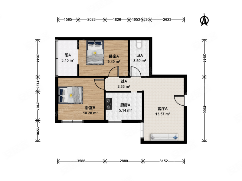 光彩家园2室1厅1卫72.32㎡西南399万