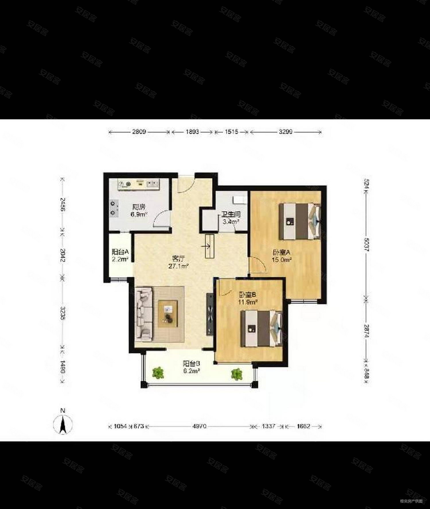 紫晶苑2室2厅1卫95.81㎡南北165万