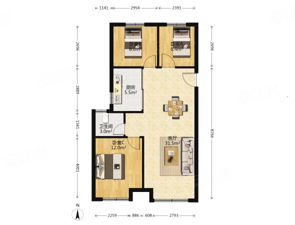 书香华府3室2厅1卫85.59㎡南北95万