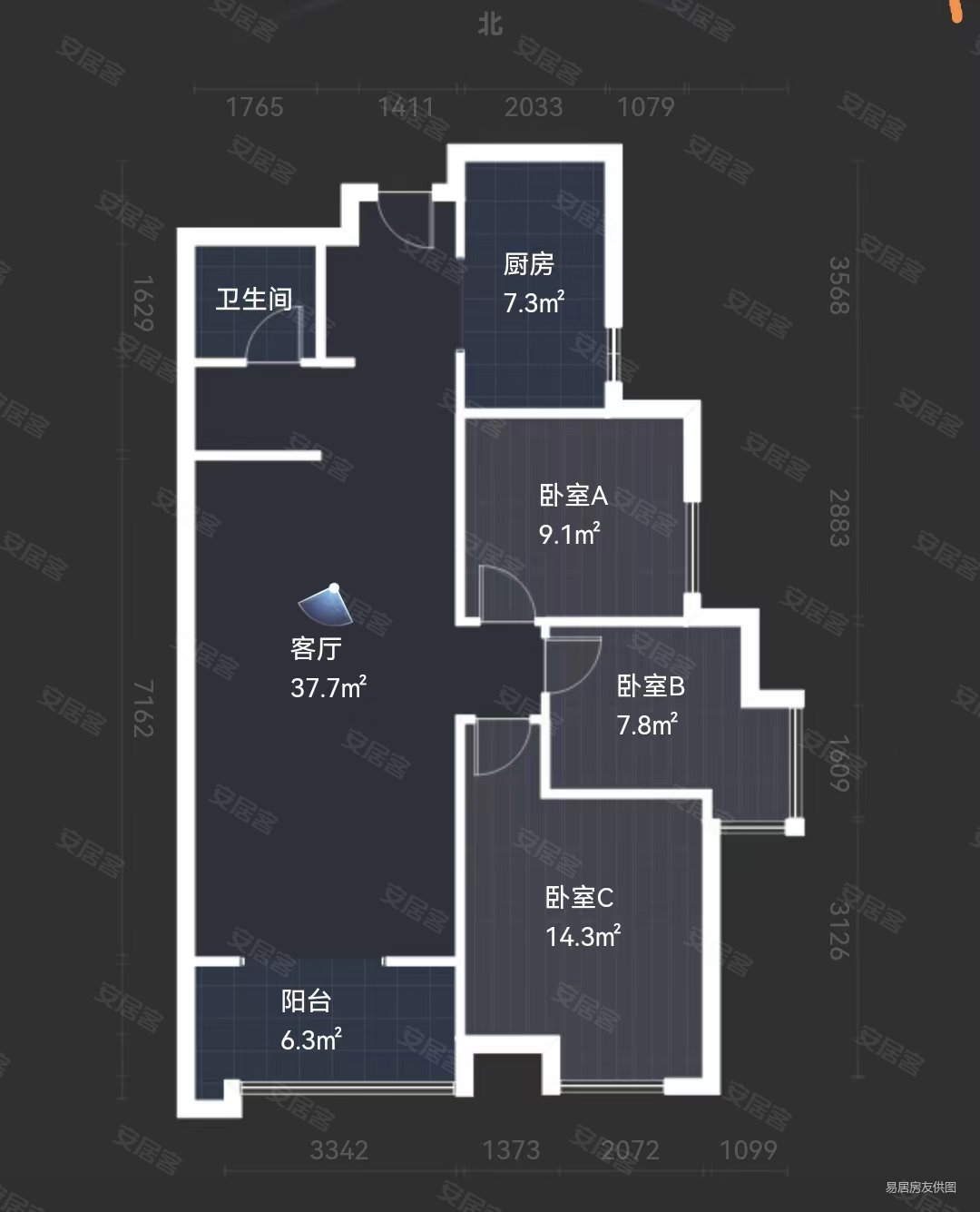 秦都花苑3室2厅1卫109㎡南北106.6万