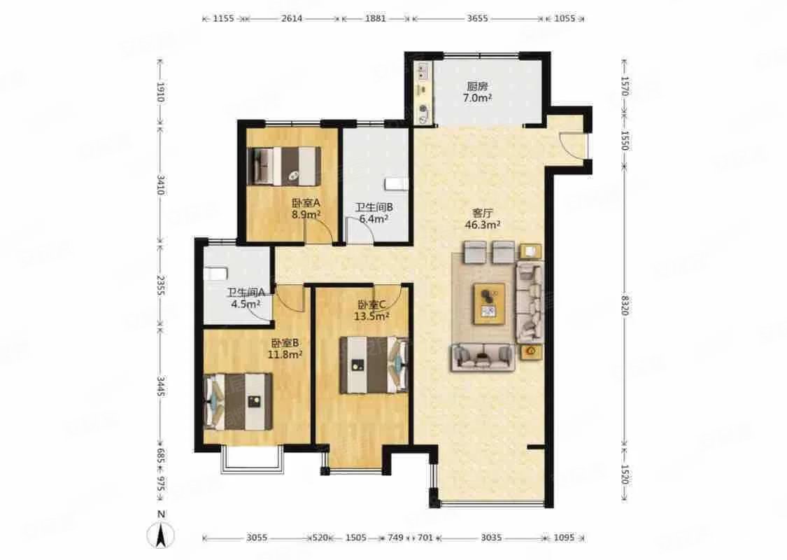 亿利生态城河景房次新小区三室两厅两卫纯毛坯随意装修