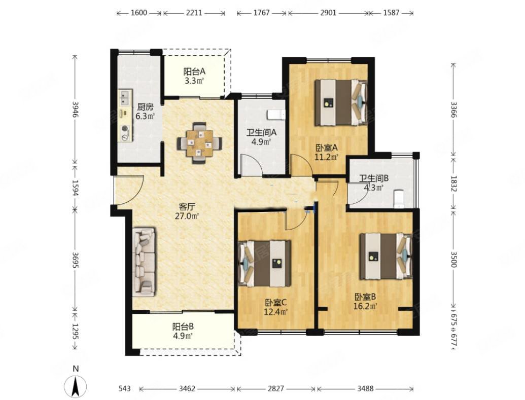 四季和鸣雅园3室2厅2卫127.86㎡南北300万