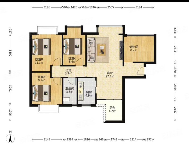 时代锦翠4室2厅1卫92.15㎡西北113万