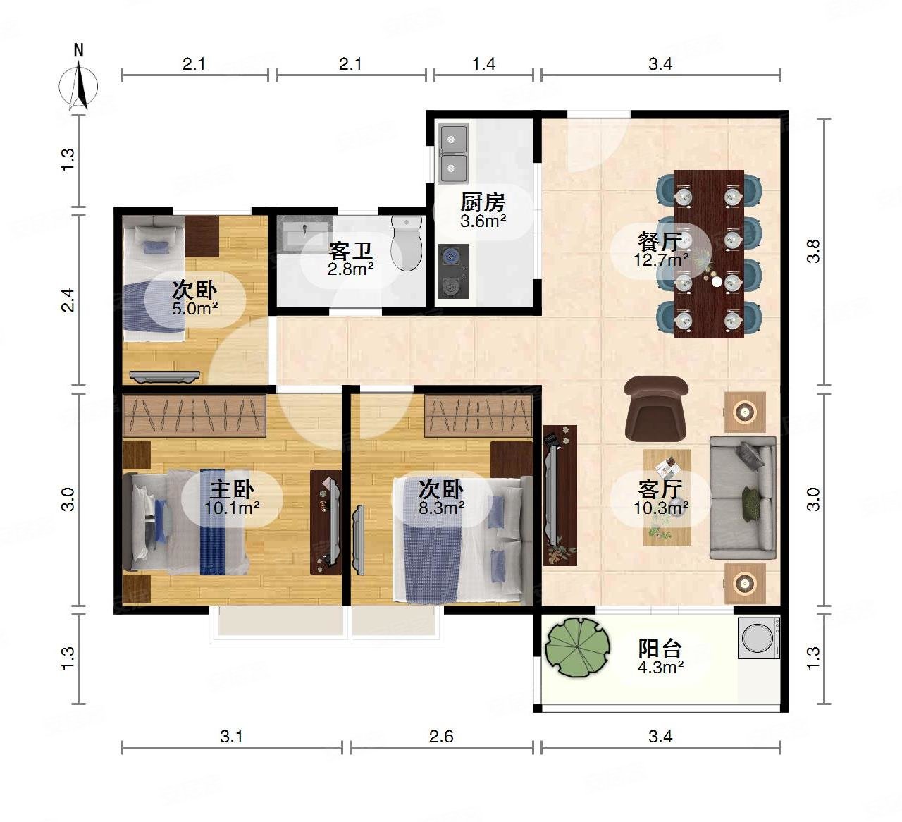 绿地城协子河畔A区3室2厅1卫87.88㎡南北45万