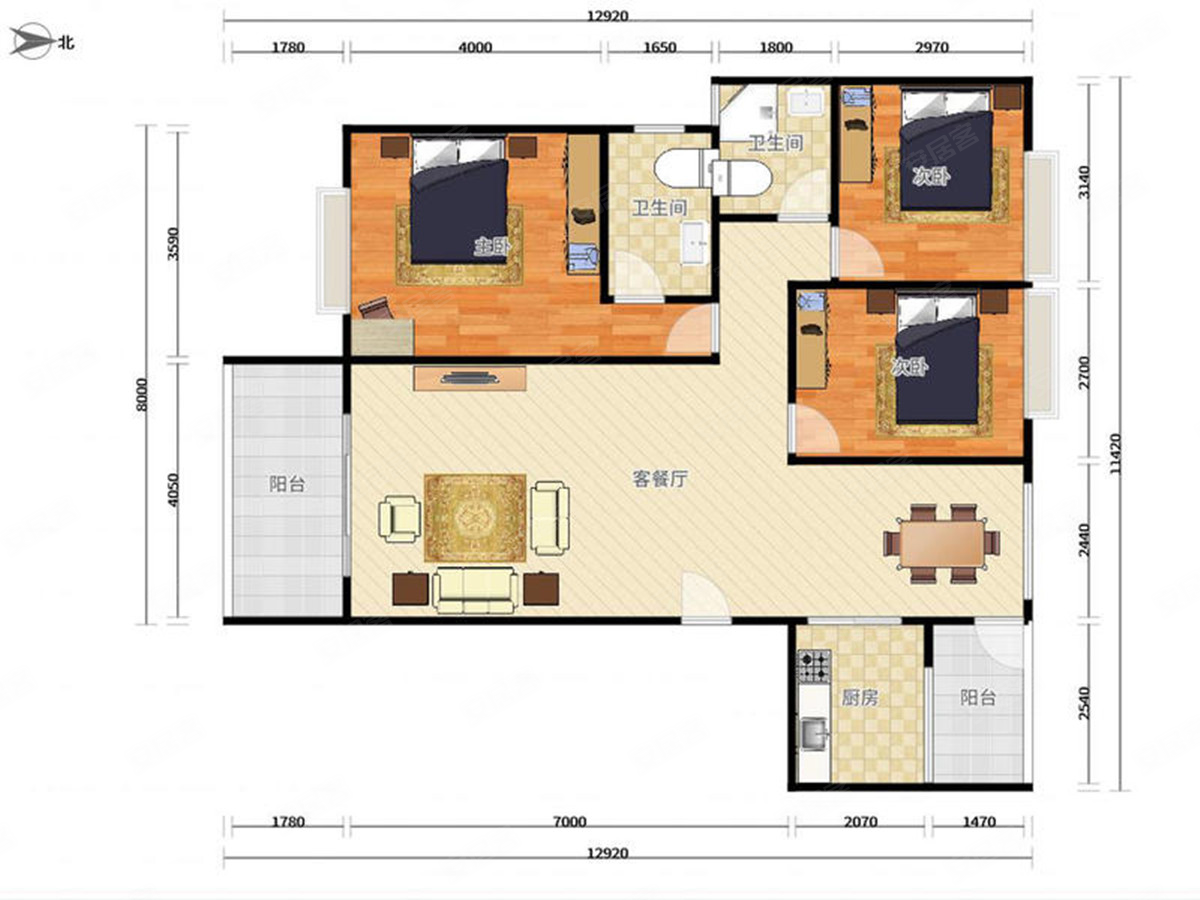 九州家园(一期)3室2厅1卫104.52㎡南北176万