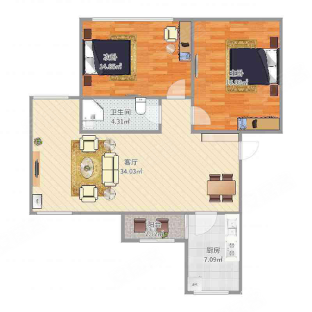 蓝色城邦(公寓住宅)2室2厅1卫87.86㎡南北158万