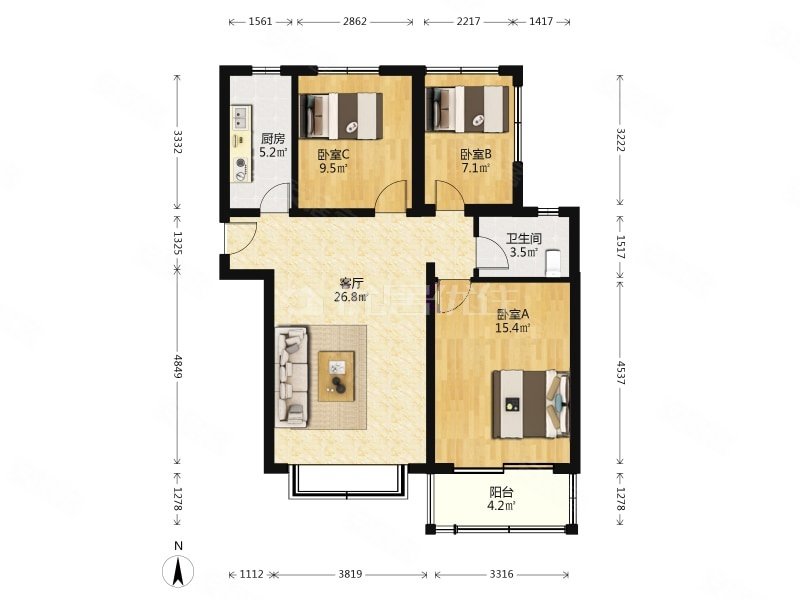 北街家园(五区)3室1厅1卫89㎡南北399万