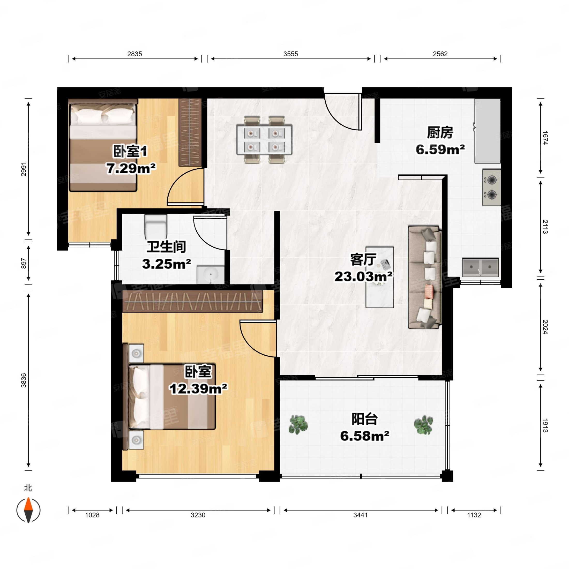 融信白宫2室2厅1卫65.18㎡南北178万