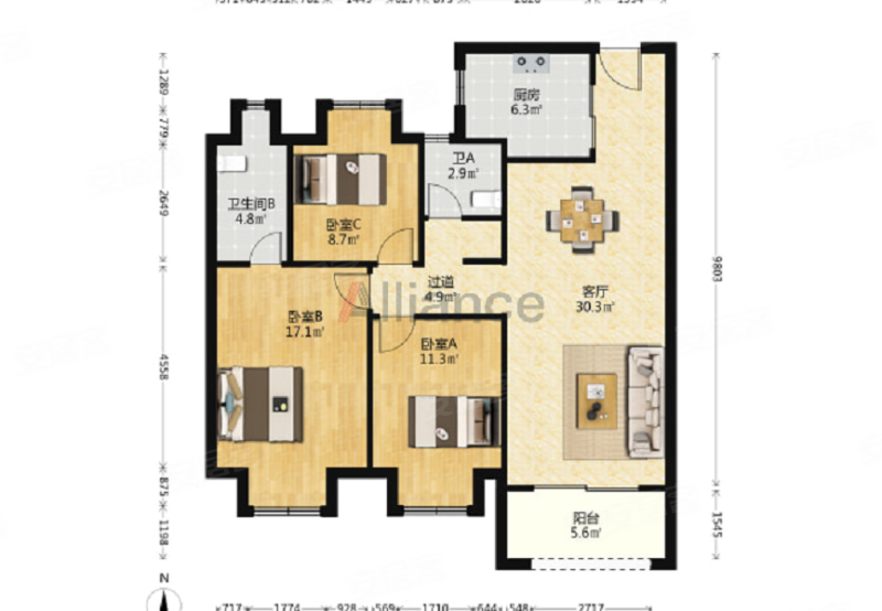 新上直绛25万急售 光谷澎湃城奥山府 好楼层精装三房两卫可看