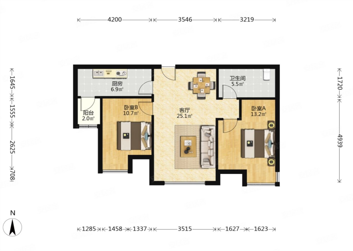 长风西街 精装朝南两居 眼镜户型 户型方正 采光好