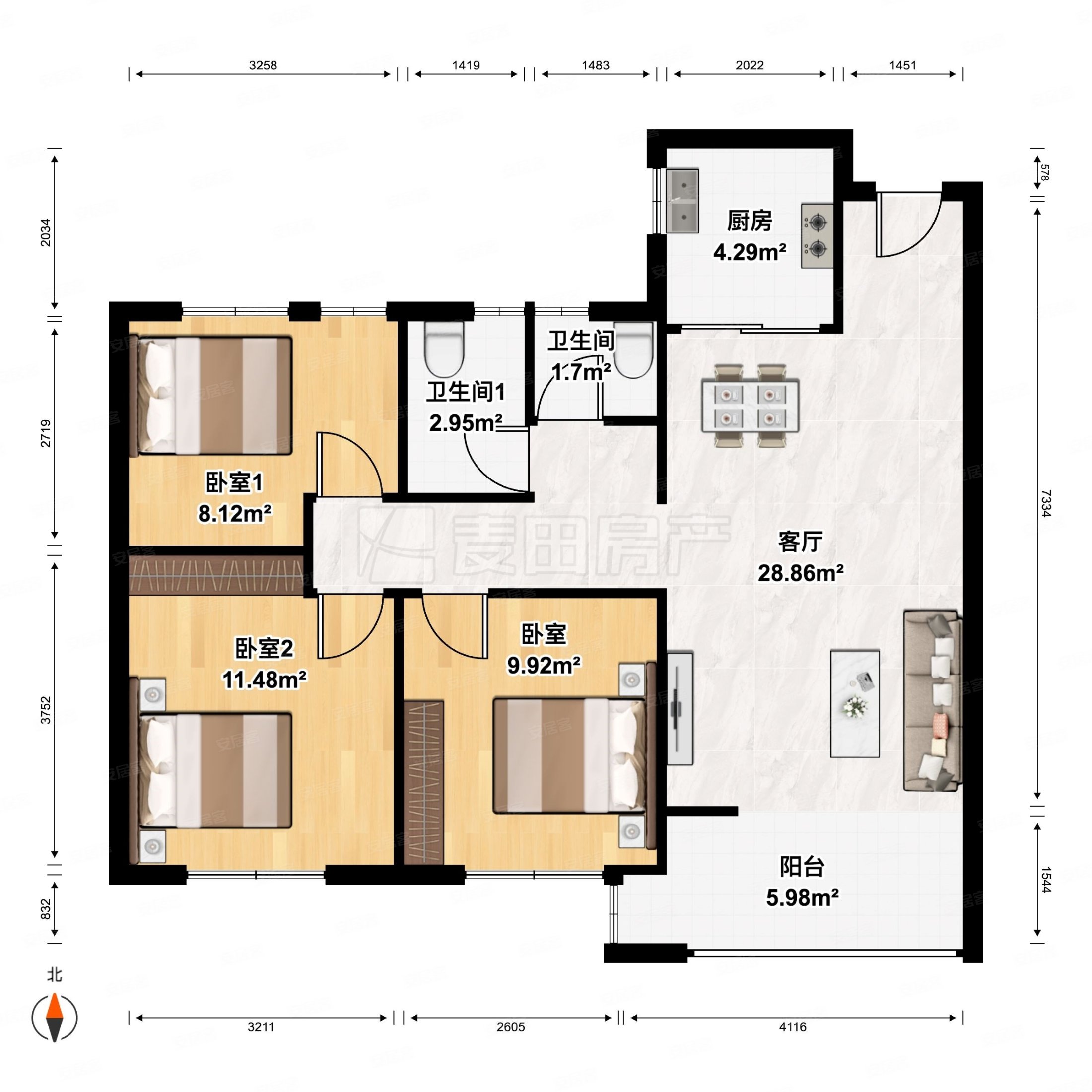 祥浦苑3室2厅2卫90.24㎡南北290万