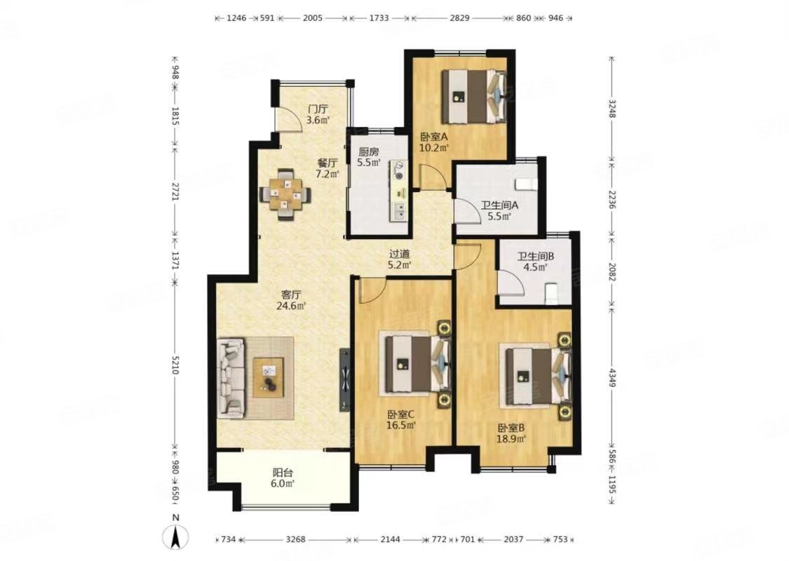 当代上品湾moma3室2厅2卫128.71㎡南北125.4万