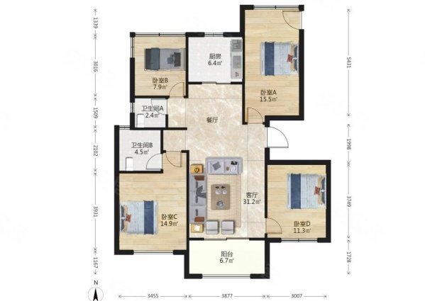 五矿澜悦方山4室2厅2卫116.39㎡南北358万