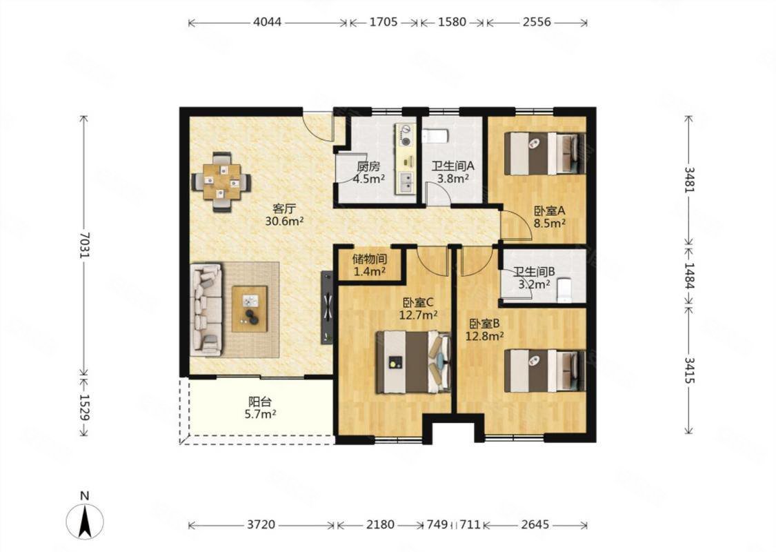 新建城b2区3室2厅2卫107.65㎡南65万