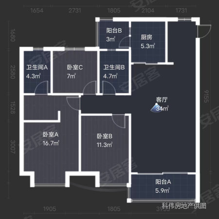 恒大名都3室2厅2卫128㎡南北69万