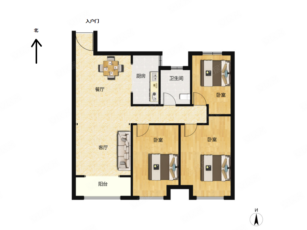 上城国际b区3室2厅1卫115.67㎡南北78万