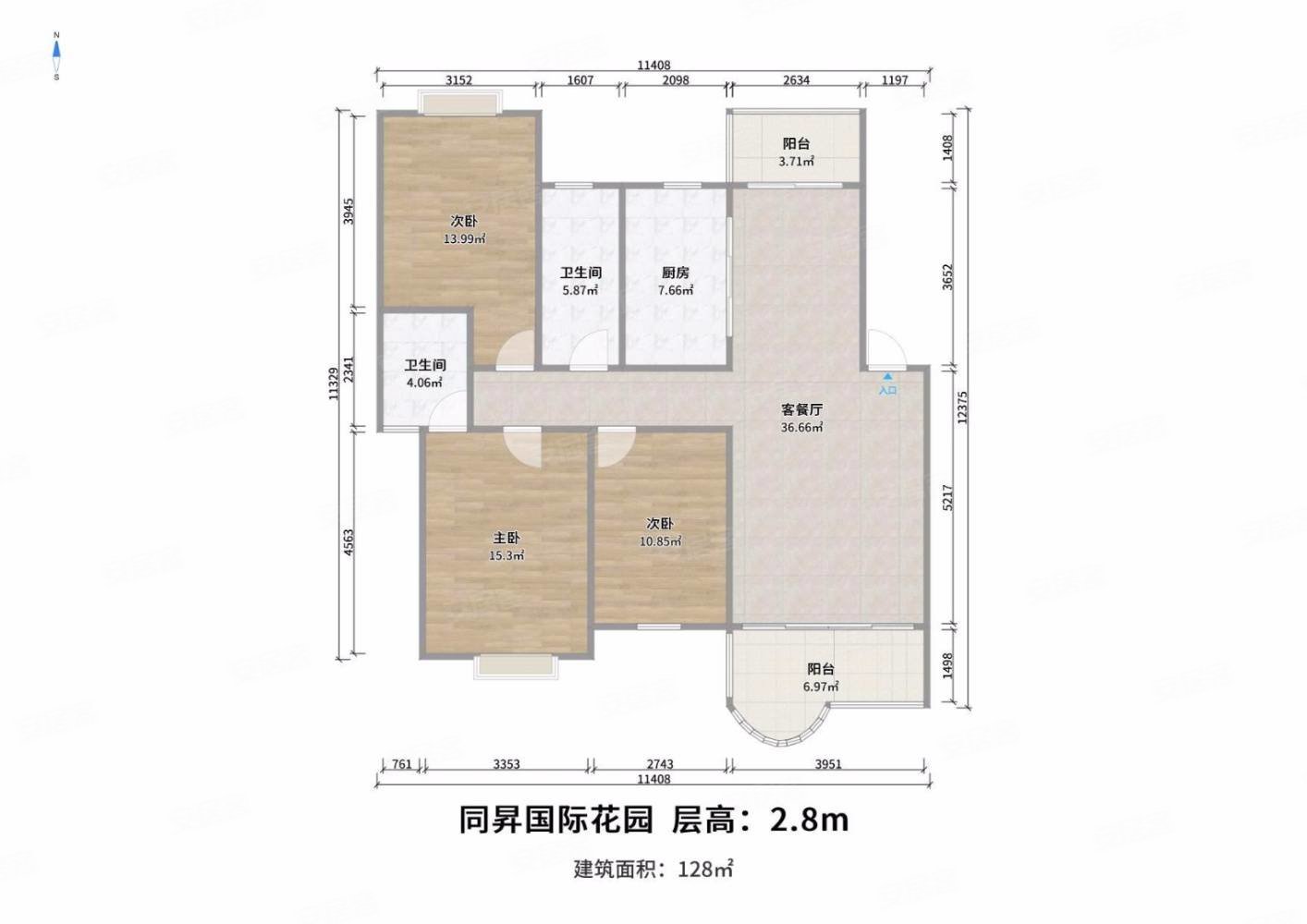 同昇国际花园3室2厅2卫127㎡南北118万