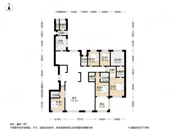 莱安逸珲5室2厅4卫243.31㎡南北750万