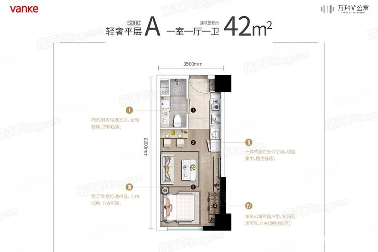 万科魅力之城(六期)1室1厅1卫42.49㎡东27万