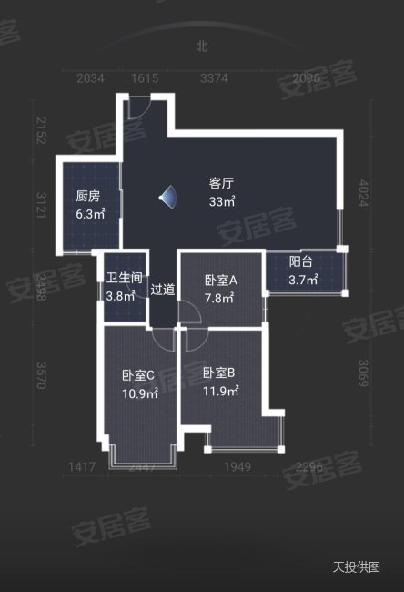 元一滨水城3室2厅1卫97.02㎡南北203万