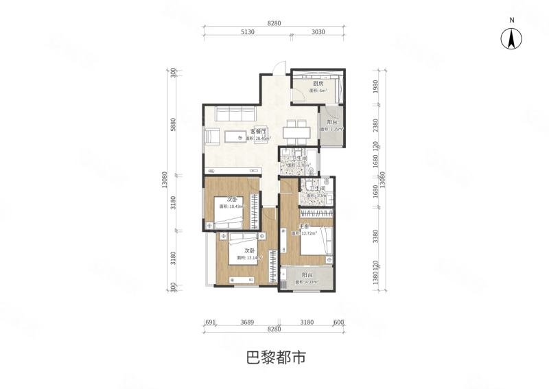 巴黎都市2区3室2厅1卫86.4㎡东南139万