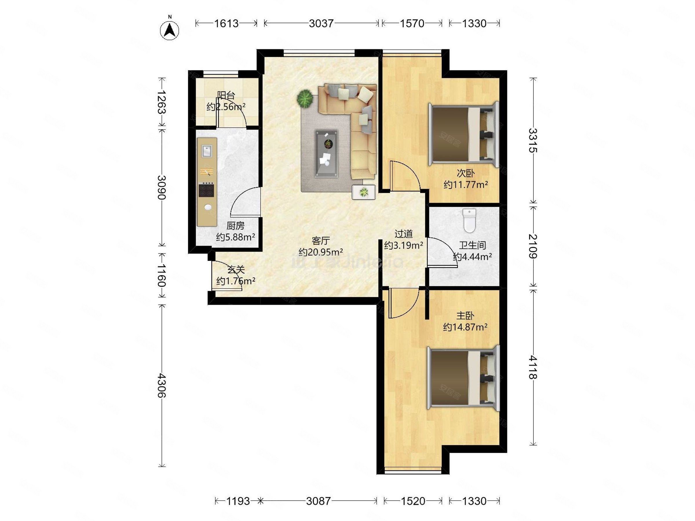 富力桃园98平米大两室南北通透二次装修保持好采光好